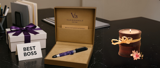 Elegant gift for boss featuring a luxury pen in a Vanderbilt box with a candle and best boss card
