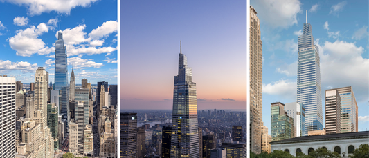 Summit One Vanderbilt skyscraper in Manhattan cityscape shown in day and evening views